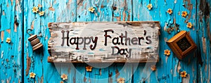 Elegant calligraphic Happy Fathers Day greeting on a rustic white wooden background symbolizing paternal appreciation and photo
