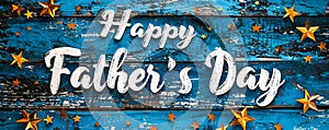 Elegant calligraphic Happy Fathers Day greeting on a rustic white wooden background symbolizing paternal appreciation and photo
