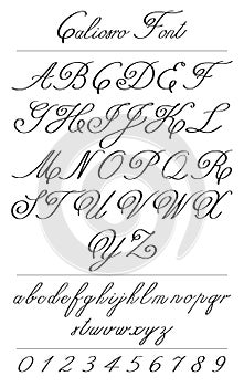 Elegant calligraphy letters with florishes. Coliostro Font photo
