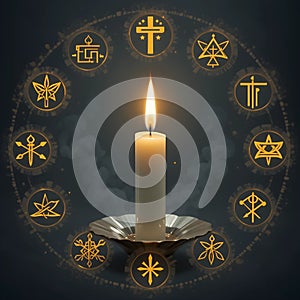 Elegant Candle with Glowing Religious Symbols in a Circle-World Religion Day . photo