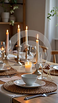 Elegant candlelit dinner setting with natural decor and white dinnerware