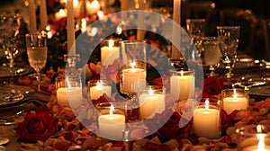 Elegant Candlelit Dinner Table with Rose Petals