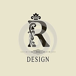 Elegant Capital letter R. Graceful royal style. Calligraphic beautiful logo. Vintage floral drawn emblem for book design, brand