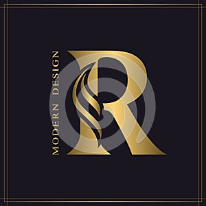 Elegant Capital letter R. Graceful Royal Style. Calligraphic Beautiful Logo. Vintage Gold Drawn Emblem for Book Design, Brand Name