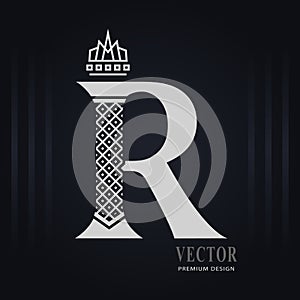 Elegant Capital letter R. Graceful Royal Style. Creative Calligraphic Beautiful Logo. Vintage Drawn Emblem for Book Design, Brand