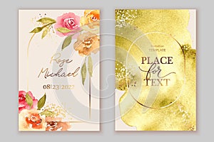 Elegant cards in pink, yellow,white, beige, green golden colors. Watercolor spots, roses, flowers, splatters.