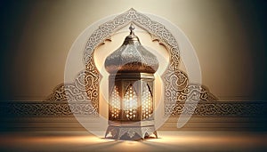 Elegant carved Arabic vintage lantern on beige background with copy space.