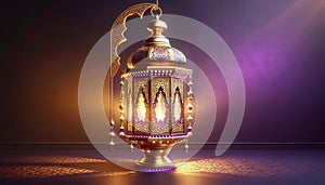 Elegant carved Arabic vintage lantern on beige-purple background with copy space.