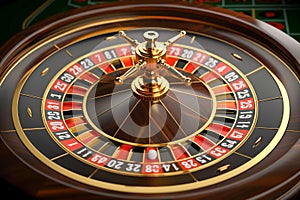 Elegant Casino Roulette Wheel Close Up on Green Felt Gaming Table Background for High Stakes Gambling Concept photo