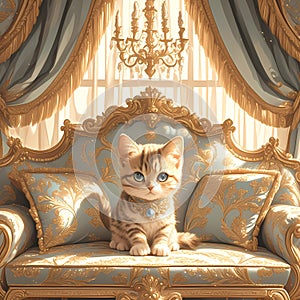 Elegant Cat Perched in Ornate Throne, Dreamlike Luxury