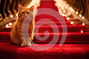 Elegant cat on red carpeted stairs photo