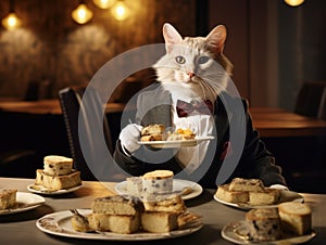 An elegant cat in a tuxedo serves a variety of scones, a quirky take on fine dining