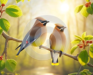 Elegant Cedar Waxwings Perched Tree Branch Springtime Morning Sunrise Small Birds AI Generated