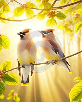 Elegant Cedar Waxwings Perched Tree Branch Springtime Morning Sunrise Small Birds AI Generated