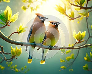 Elegant Cedar Waxwings Perched Tree Branch Springtime Morning Sunrise Small Birds AI Generated