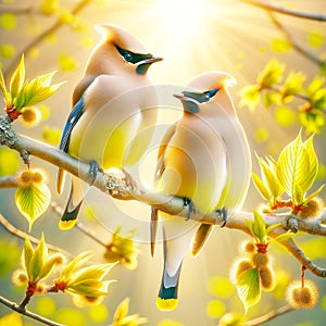 Elegant Cedar Waxwings Perched Tree Branch Springtime Morning Sunrise Small Birds AI Generated