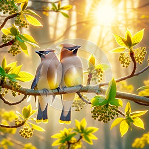Elegant Cedar Waxwings Perched Tree Branch Springtime Morning Sunrise Small Birds AI Generated