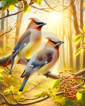 Elegant Cedar Waxwings Perched Tree Branch Springtime Morning Sunrise Small Birds AI Generated