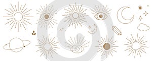 Elegant celestial elements, vector line art illustration set sunburst and third eye decorative clip art set