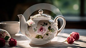 Elegant Ceramic Teapot with Pink Rose Designs on White Tablecloth