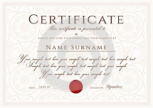 Elegant certificate with curve guilloche pattern fine line ornament, red insignia and frame