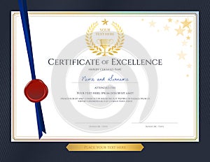 Elegant certificate template for excellence, achievement, appreciation or completion on blue border background photo