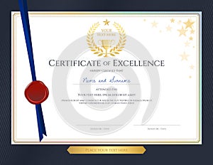 Elegant certificate template for excellence, achievement, appreciation or completion on blue border background