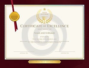 Elegant certificate template for excellence, achievement, appreciation or completion on red border background