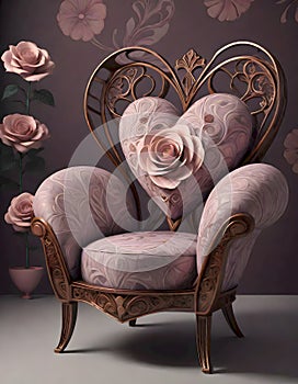 Elegant chair with heart shaped backrest and swirling patterns, Generative AI photo