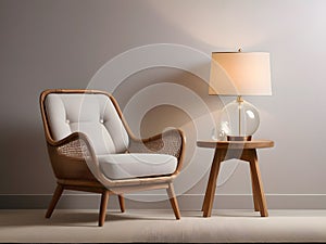 Elegant chair with wooden legs and armrests accompanied by a stylish lamp, Generative AI