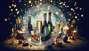 Elegant Champagne Celebration with Sparkling Background, AI Generated