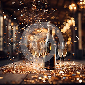 Elegant Champagne Celebration: Sparkling Gold & Silver Bottle Popping Cork at New Years Eve Party