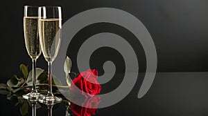 Elegant champagne flutes with a single red rose on a reflective surface