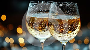 Elegant champagne glasses with bubbles against a bokeh background photo