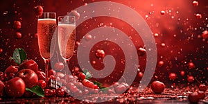 Elegant champagne glasses with sparkling wine, vibrant red, celebration concept, festive background. AI