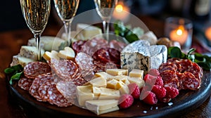 Elegant Cheese And Salami Platter With Champagne
