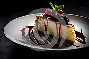 Elegant cheesecake garnished with fresh berries and coulis on a white plate photo