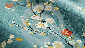 Elegant Cherry Blossom Print on Teal Textile generative ai