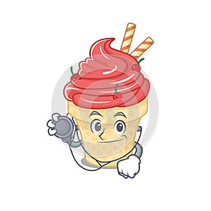 An elegant cherry ice cream in a Doctor Cartoon character with tools