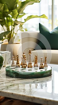 Elegant Chess Game on Ornate Marble Board in Modern Living Room