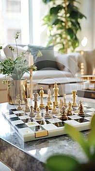 Elegant Chess Game on Ornate Marble Board in Modern Living Room photo