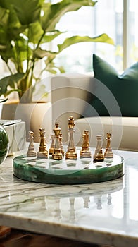 Elegant Chess Game on Ornate Marble Board in Modern Living Room photo