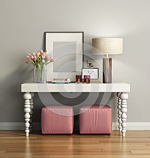 Elegant chic brown console table with stools