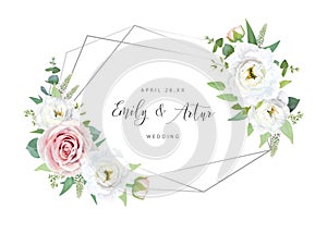 Elegant chic wedding invite, save the date card. Vector floral watercolor illustration. Dusty pink rose flower, ivory white