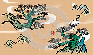 Elegant Chinese ink brush style pine tree drawing.