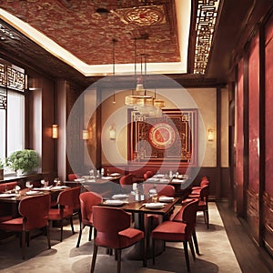 An Elegant Chinese Restaurant Dining Room with intricate details