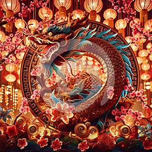 Elegant chinese wood dragon, in new year's festivities, with lantern-lit streets, cherry blossoms flower, legendary