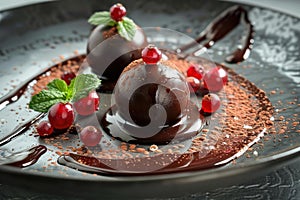 Elegant chocolate dessert with redcurrants photo