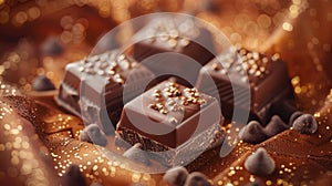 Elegant chocolate squares dusted with gold on a shimmering fabric