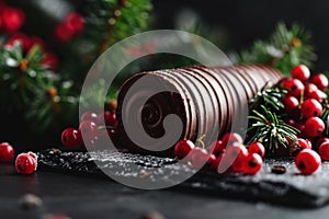 Elegant Chocolate Yule Log Cake Decorated with Red Berries for Christmas